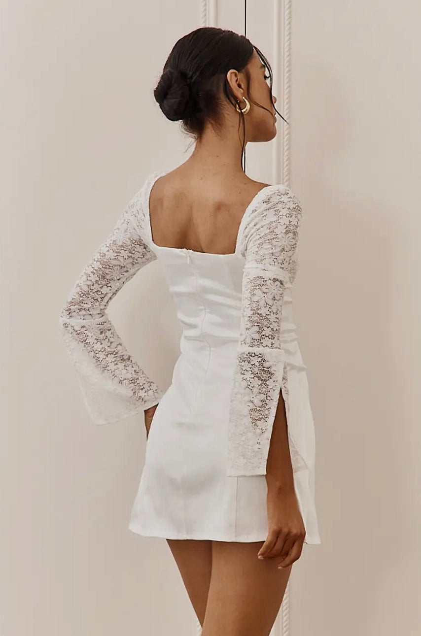 Lace Sleeves Tie Mini Dress