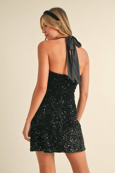 Velvet Sequin Halter Mini Dress