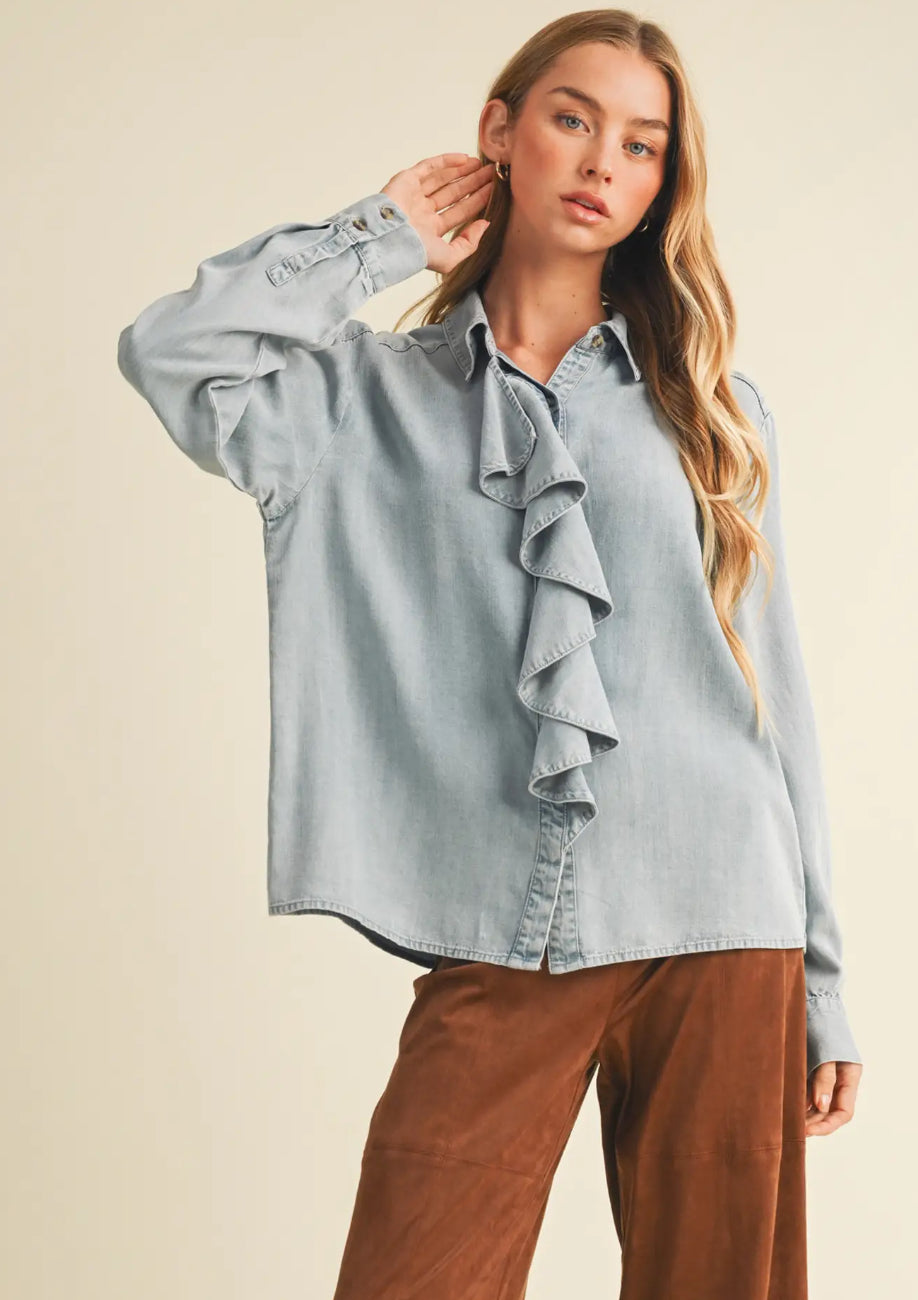Cyndi Ruffle Chambray Blouse
