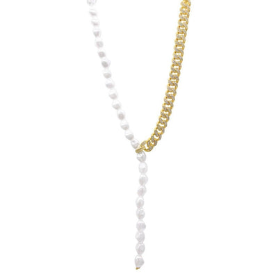 Half and Half Pearl Lariat Chain Necklace