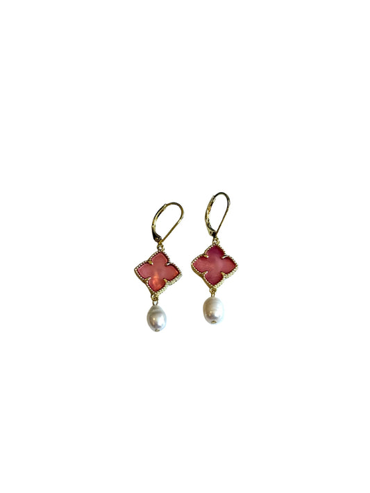 Pink Clover Pearl Drop Earrings