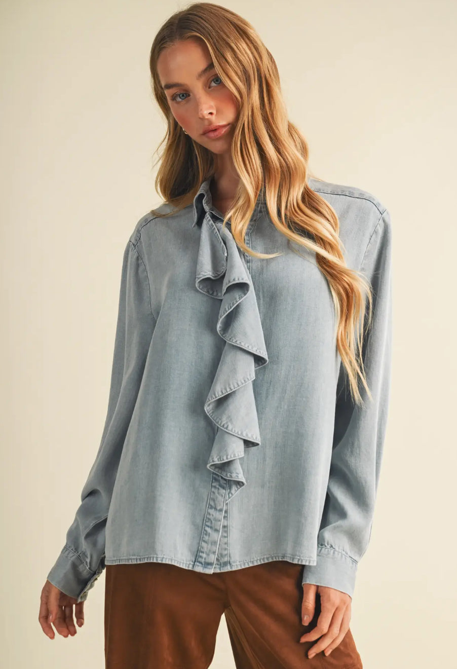 Cyndi Ruffle Chambray Blouse