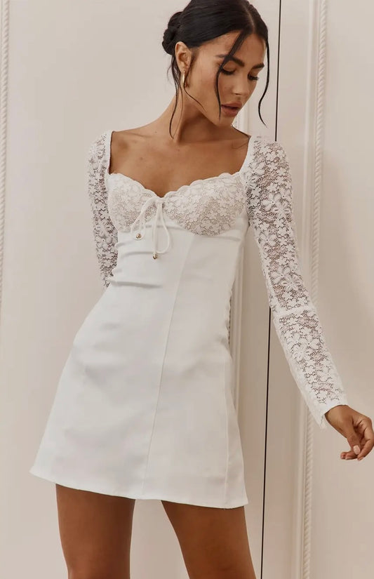 Lace Sleeves Tie Mini Dress
